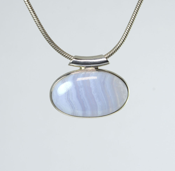 Unikat Anhänger Chalcedon Blau Gebändert Oval 17x28 mm
